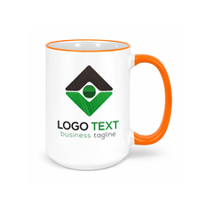 Orange rim coffee mug with company branding for employee onboarding and growth teams