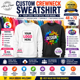 Custom crewneck sweatshirt with company logo printed using sublimation and DTF printing for business branding and team apparel