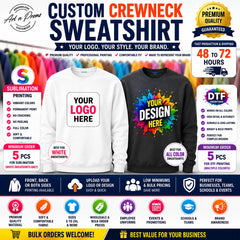 Custom crewneck sweatshirt with company logo printed using sublimation and DTF printing for business branding and team apparel
