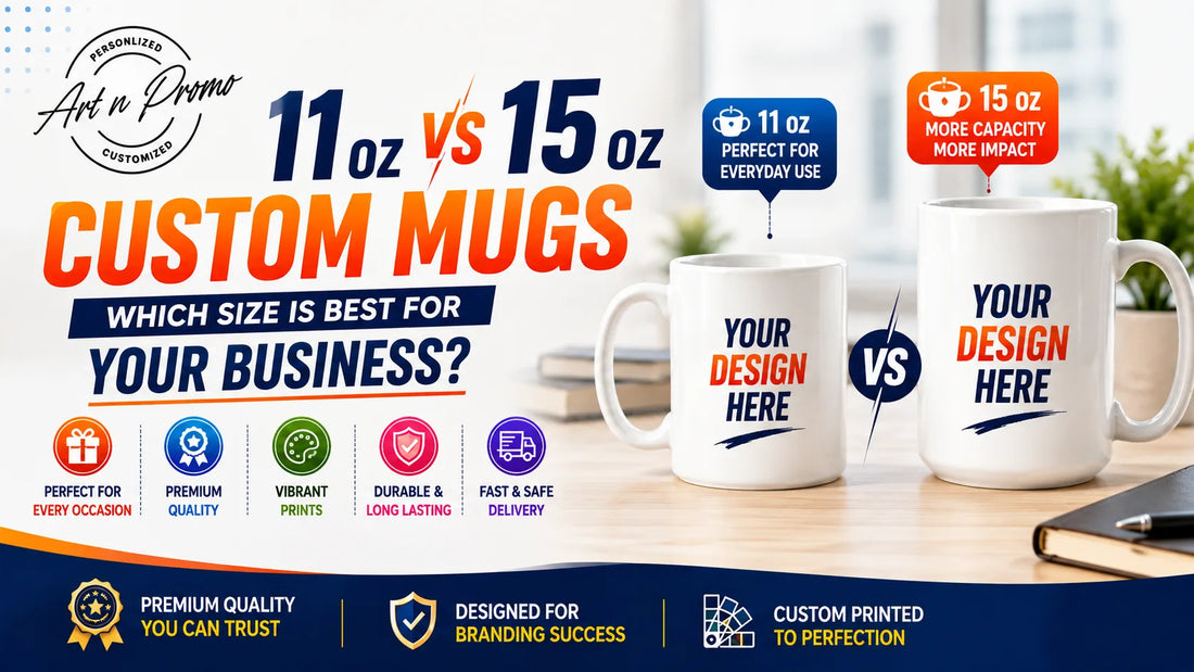 Comparison of 11 oz vs 15 oz custom ceramic mugs for business branding and promotional giveaways