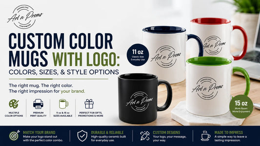 Custom color mugs with logo featuring interior and rim color options in multiple styles for business branding