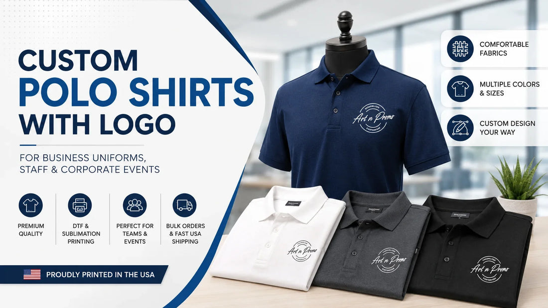 Custom polo shirts with logo designed for professional business teams, employee uniforms, and corporate branding