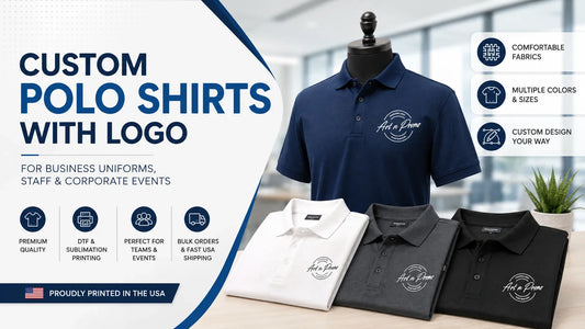 Custom polo shirts with logo designed for professional business teams, employee uniforms, and corporate branding