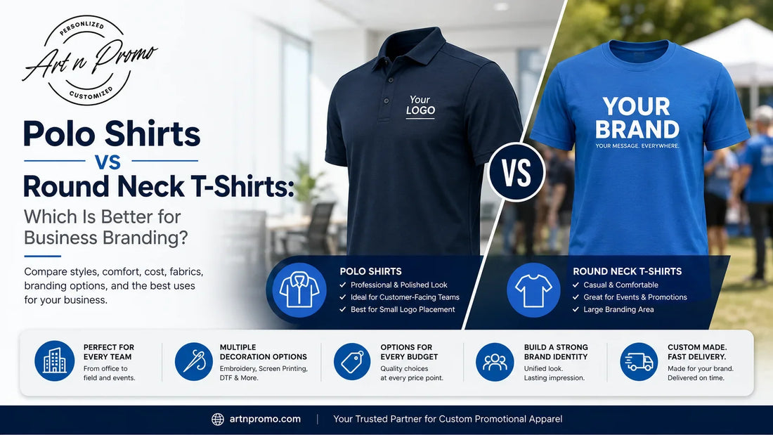 Professional comparison of custom polo shirts vs round neck T-shirts for business branding, company uniforms, and promotional apparel