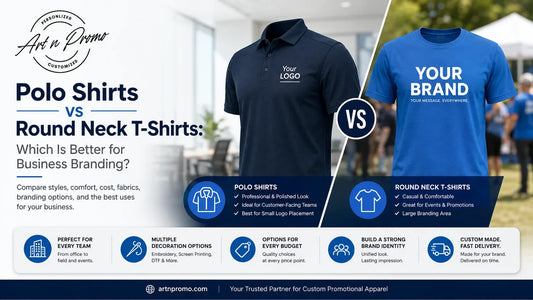 Professional comparison of custom polo shirts vs round neck T-shirts for business branding, company uniforms, and promotional apparel