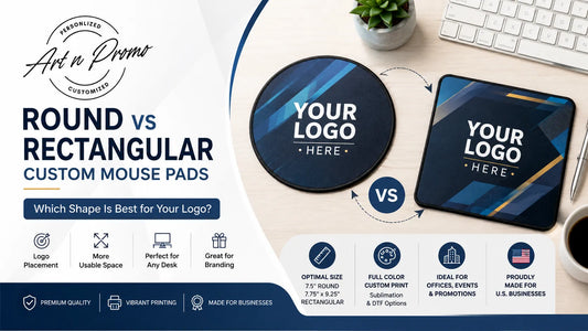 Round and rectangular custom mouse pads showing different logo placement and workspace layouts