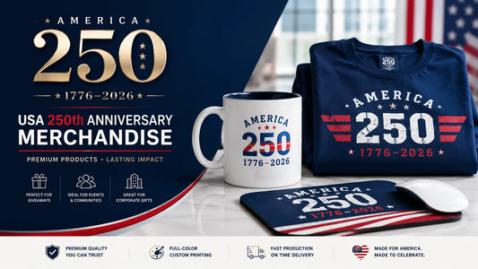 USA 250th Anniversary merchandise with custom T-shirts, mugs, and mouse pads for America 250 events