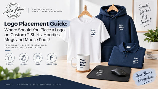 Logo placement examples on custom T-shirts, hoodies, mugs and mouse pads