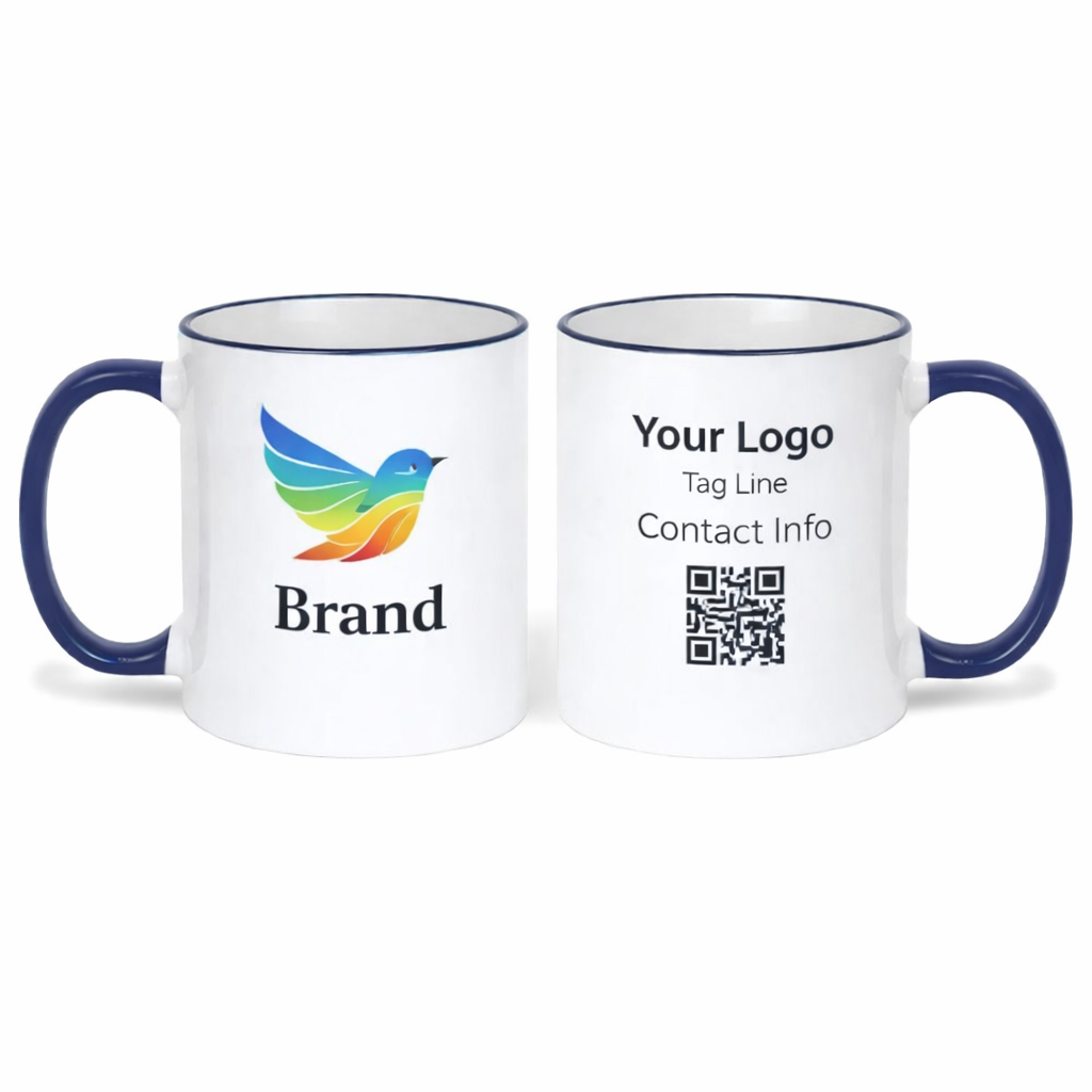 Branded 11 oz ceramic mug with dark blue rim for office and business use