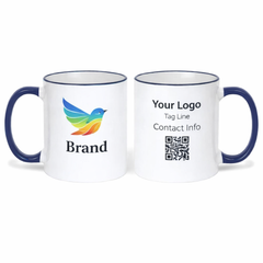 Branded 11 oz ceramic mug with dark blue rim for office and business use