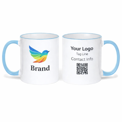 Branded 11 oz ceramic mug with light blue rim for office use