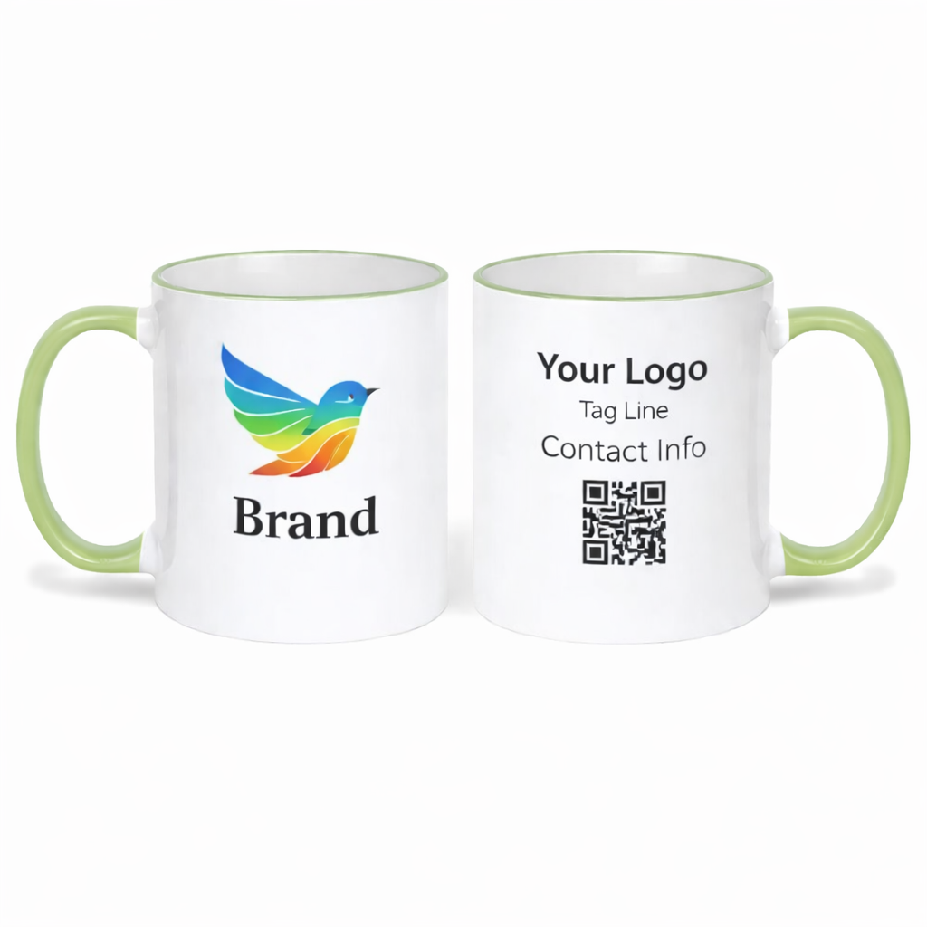 Branded 11 oz ceramic mug with light green rim for office use