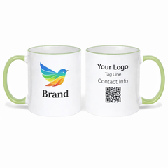 Branded 11 oz ceramic mug with light green rim for office use