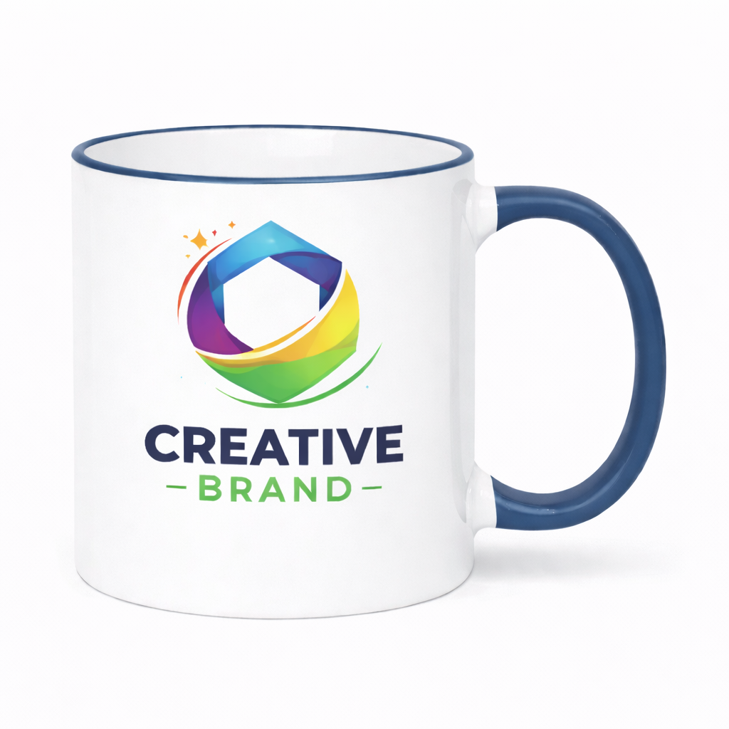 Custom Dark Blue Rim Ceramic Mug 11 oz with logo print for corporate branding