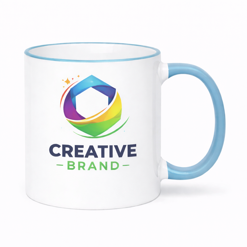 Custom light blue rim ceramic mug 11 oz with logo for startup branding