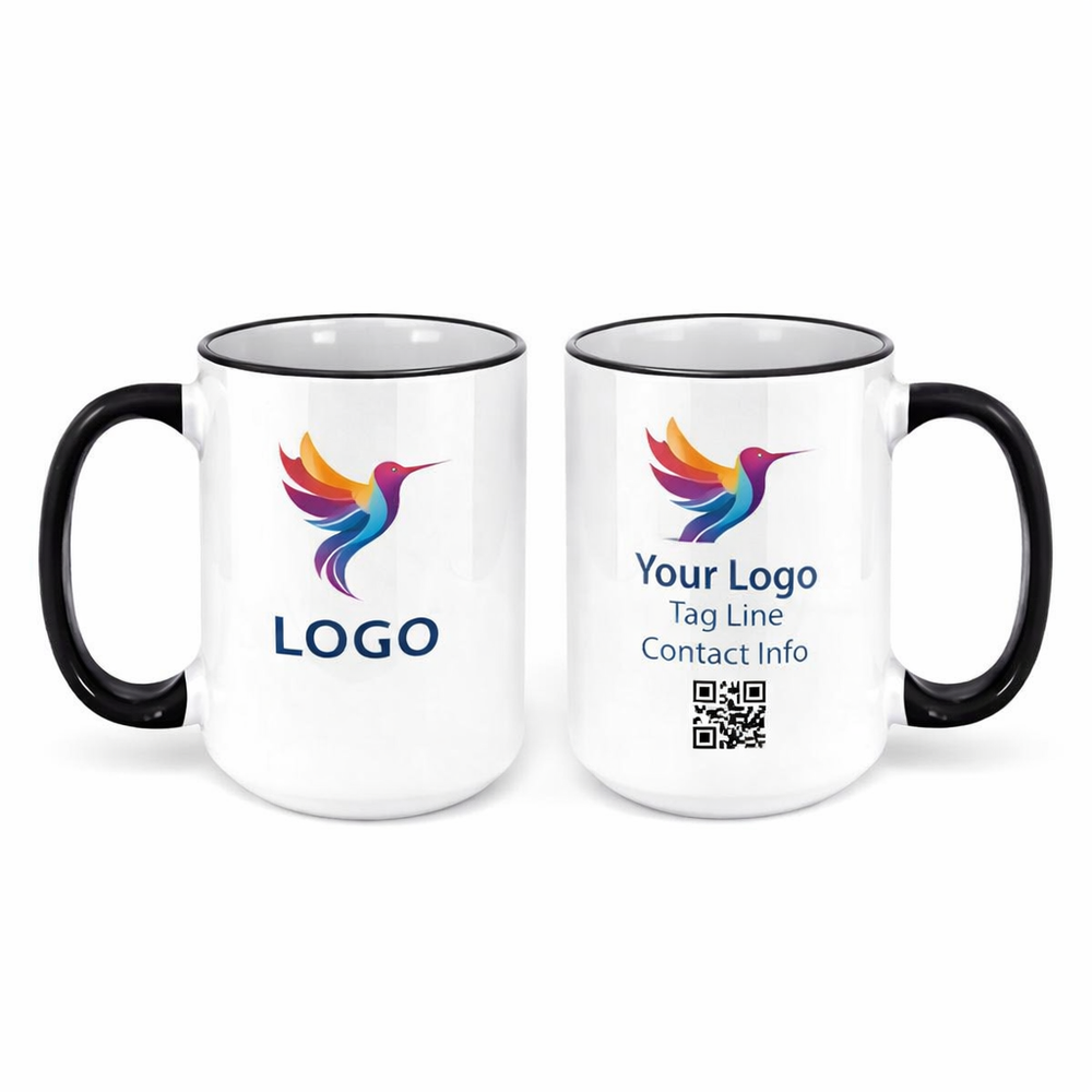 Premium black rim coffee mug with custom logo for business teams, meetings, and daily desk use