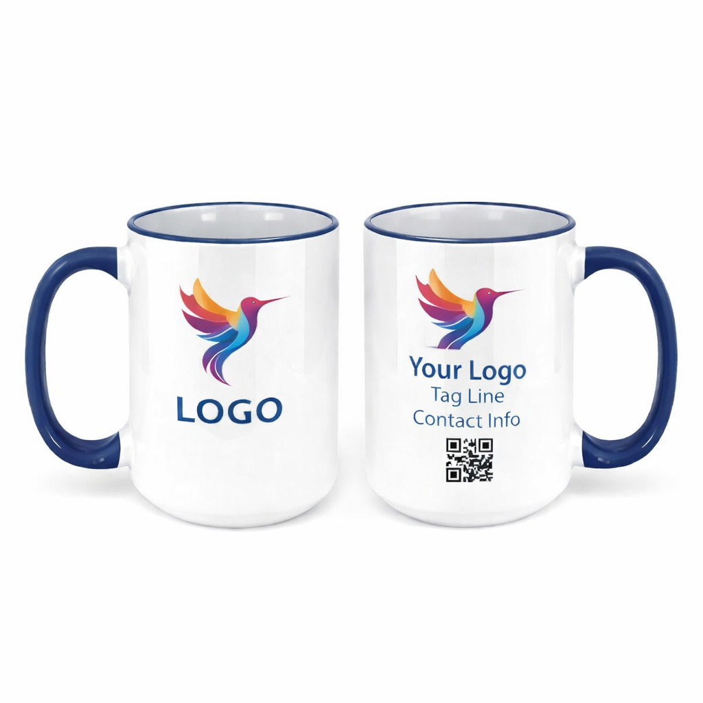 Executive ceramic mug with dark blue rim and custom logo for professional office branding