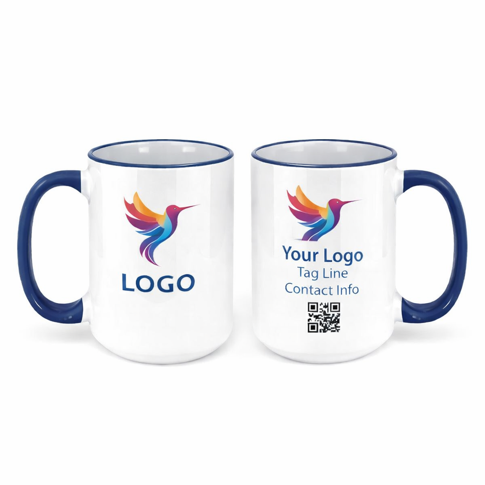 Executive ceramic mug with dark blue rim and custom logo for professional office branding