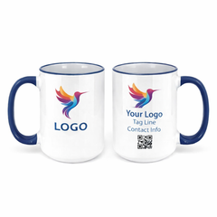 Executive ceramic mug with dark blue rim and custom logo for professional office branding