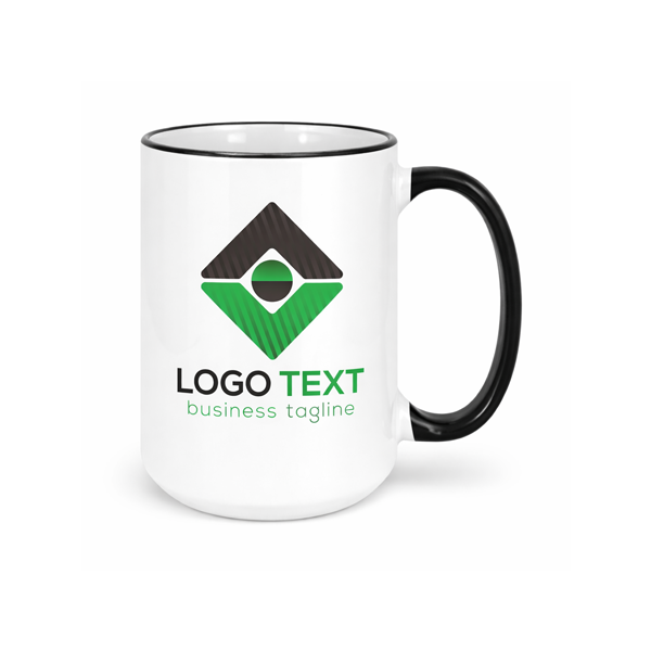Branded black rim ceramic coffee mug for employee welcome kits, client gifts, and modern offices