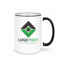 Branded black rim ceramic coffee mug for employee welcome kits, client gifts, and modern offices
