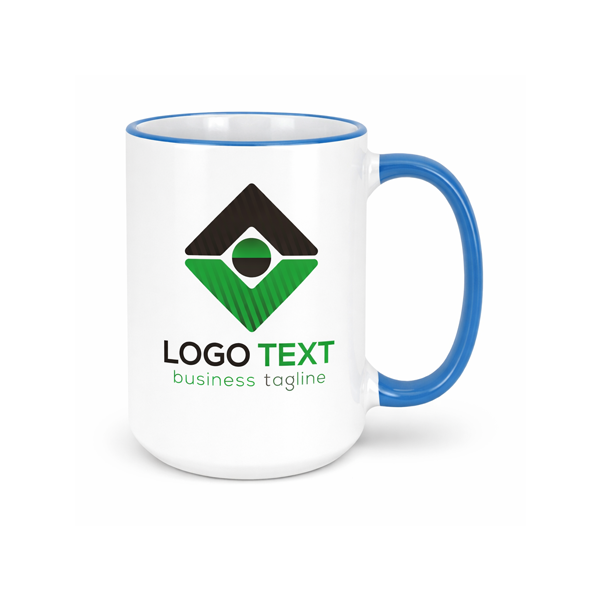 Light blue rim coffee mug with company branding for remote employee welcome kits