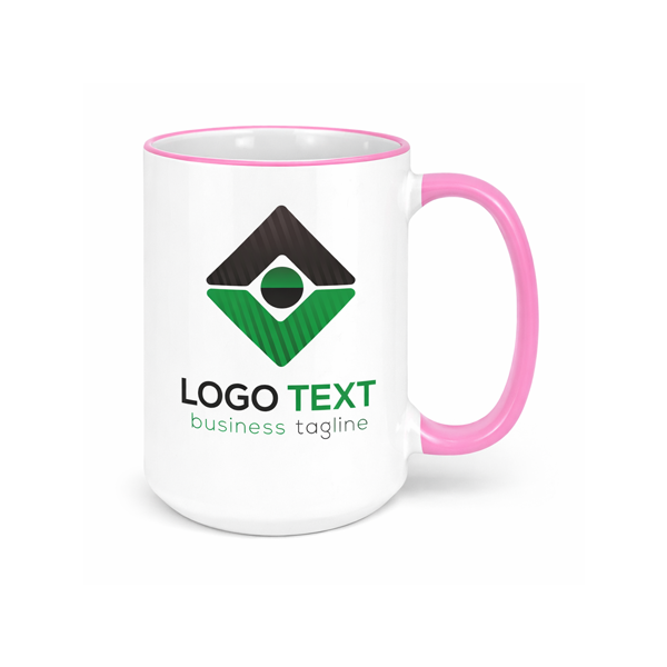 Pink rim coffee mug with company branding for marketing teams and creative workspaces