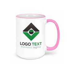 Pink rim coffee mug with company branding for marketing teams and creative workspaces