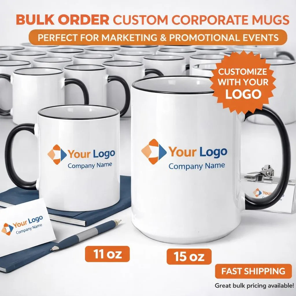 Custom logo ceramic mug with black rim for executive gifting, office events, and company branding