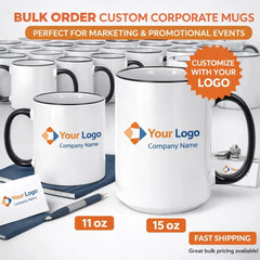Custom logo ceramic mug with black rim for executive gifting, office events, and company branding