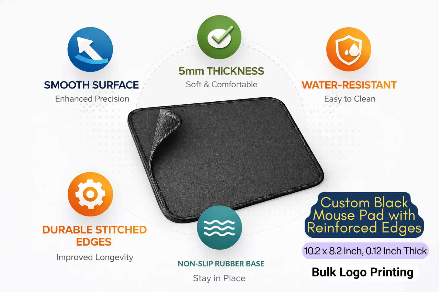 Custom Black Mouse Pad with Reinforced Edges | Bulk Logo Printing - 10.2x8.2 Inch, 0.12 Inch Thick
