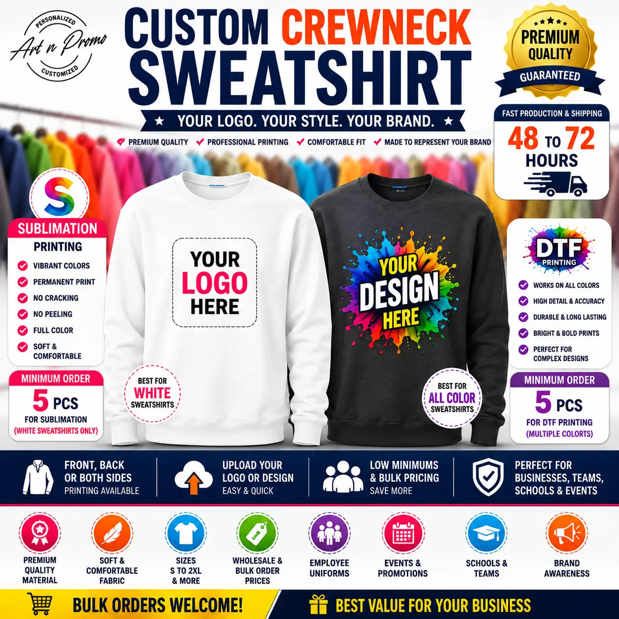 Custom crewneck sweatshirt with company logo printed using sublimation and DTF printing for business branding and team apparel