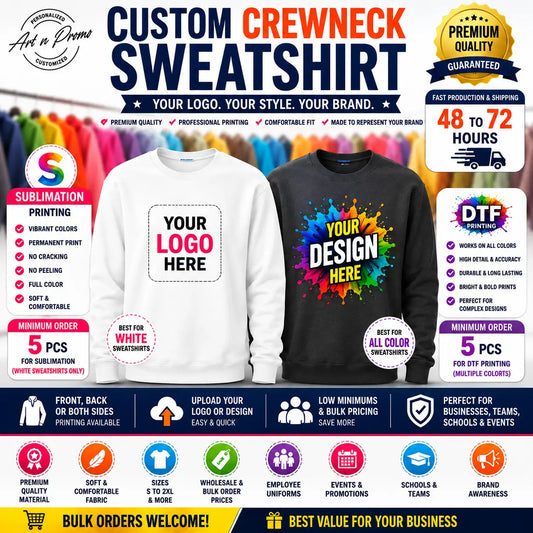 Custom crewneck sweatshirt with company logo printed using sublimation and DTF printing for business branding and team apparel