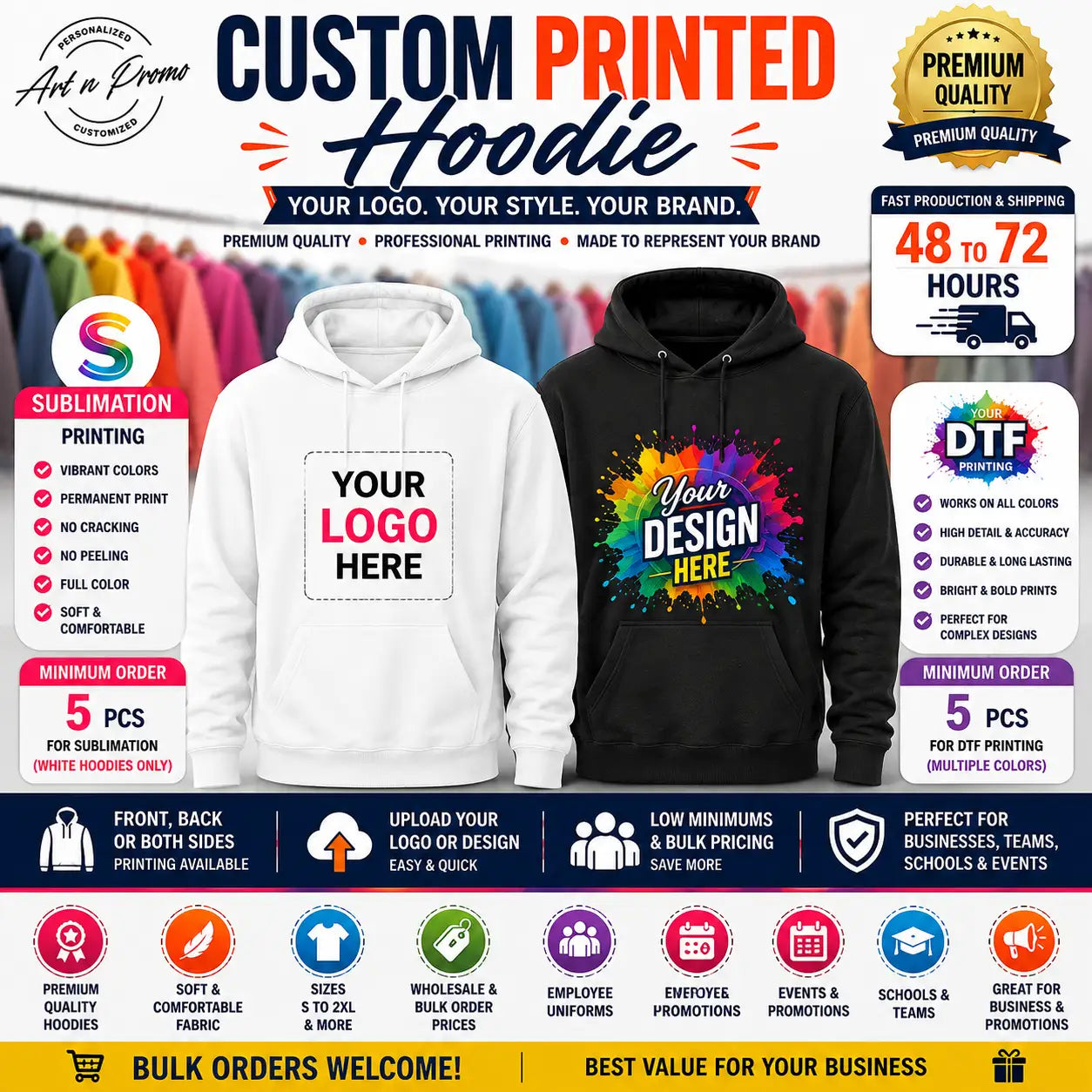 Custom Printed Hoodie with company logo using sublimation and DTF printing for business branding