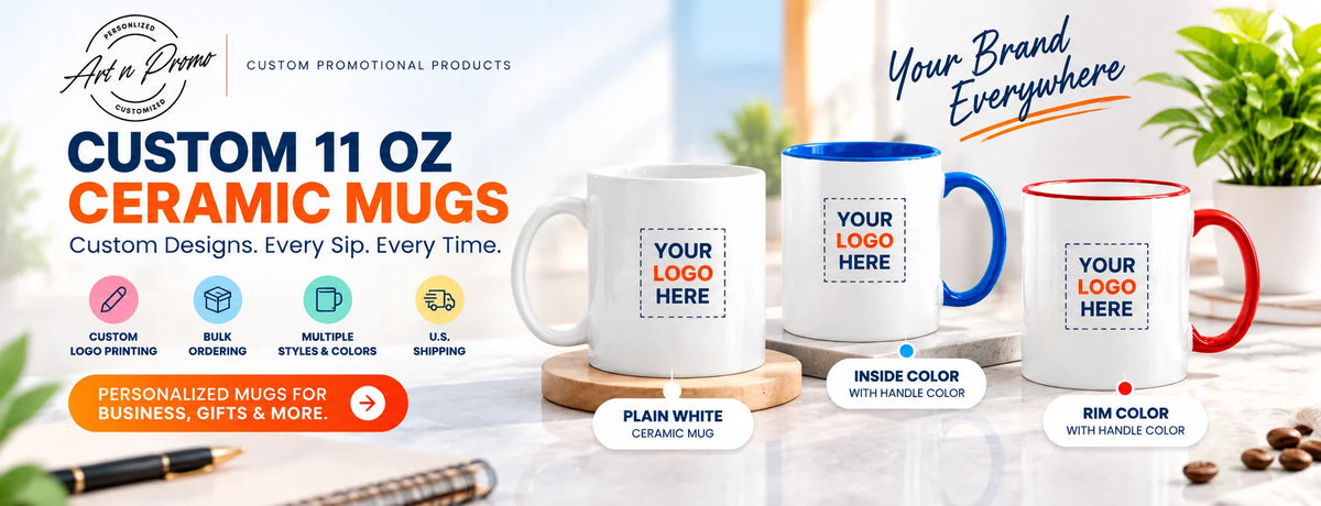Custom 11 oz ceramic mugs with company logo in white, inside color, and rim color styles