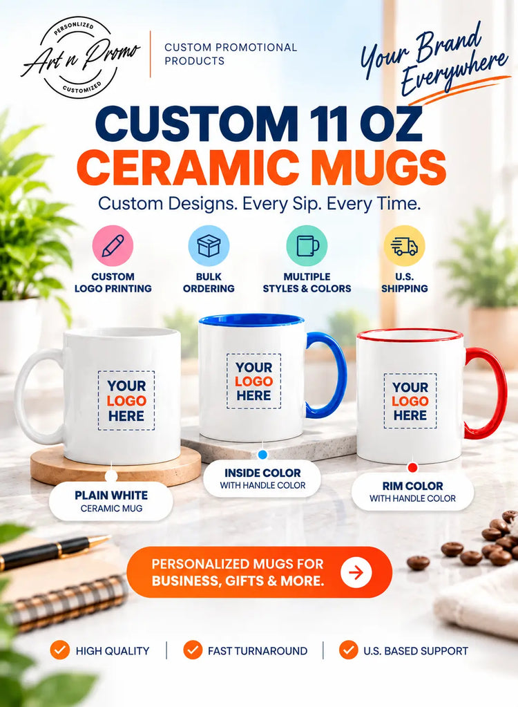 Custom 11 oz ceramic mugs for businesses featuring plain white, inside and handle color, and rim and handle color mugs