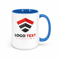 Light blue ceramic mug with company logo for remote employee welcome kits and desk setups