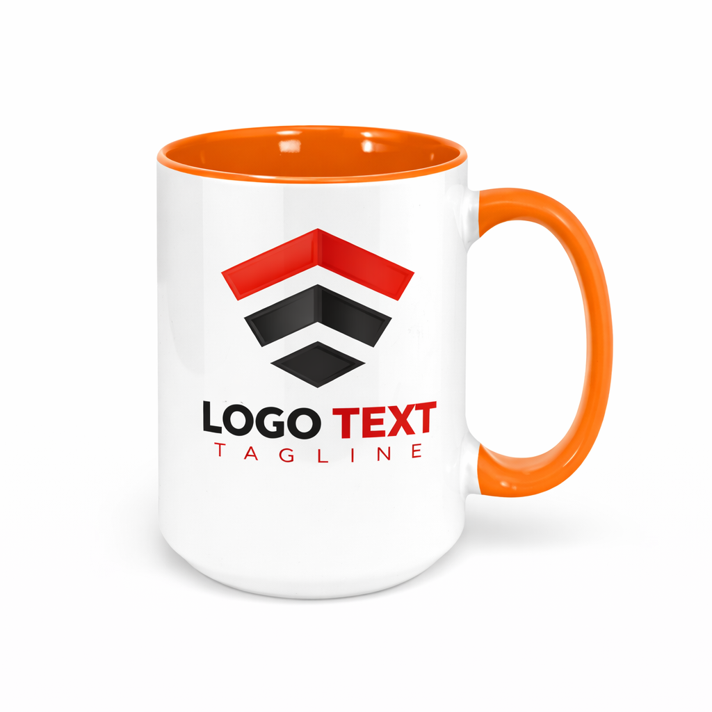 Orange inside ceramic mug with company logo for employee onboarding and startup branding
