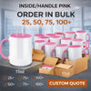 Personalized pink coffee mug for onboarding kits, boutique offices, and creative workplaces