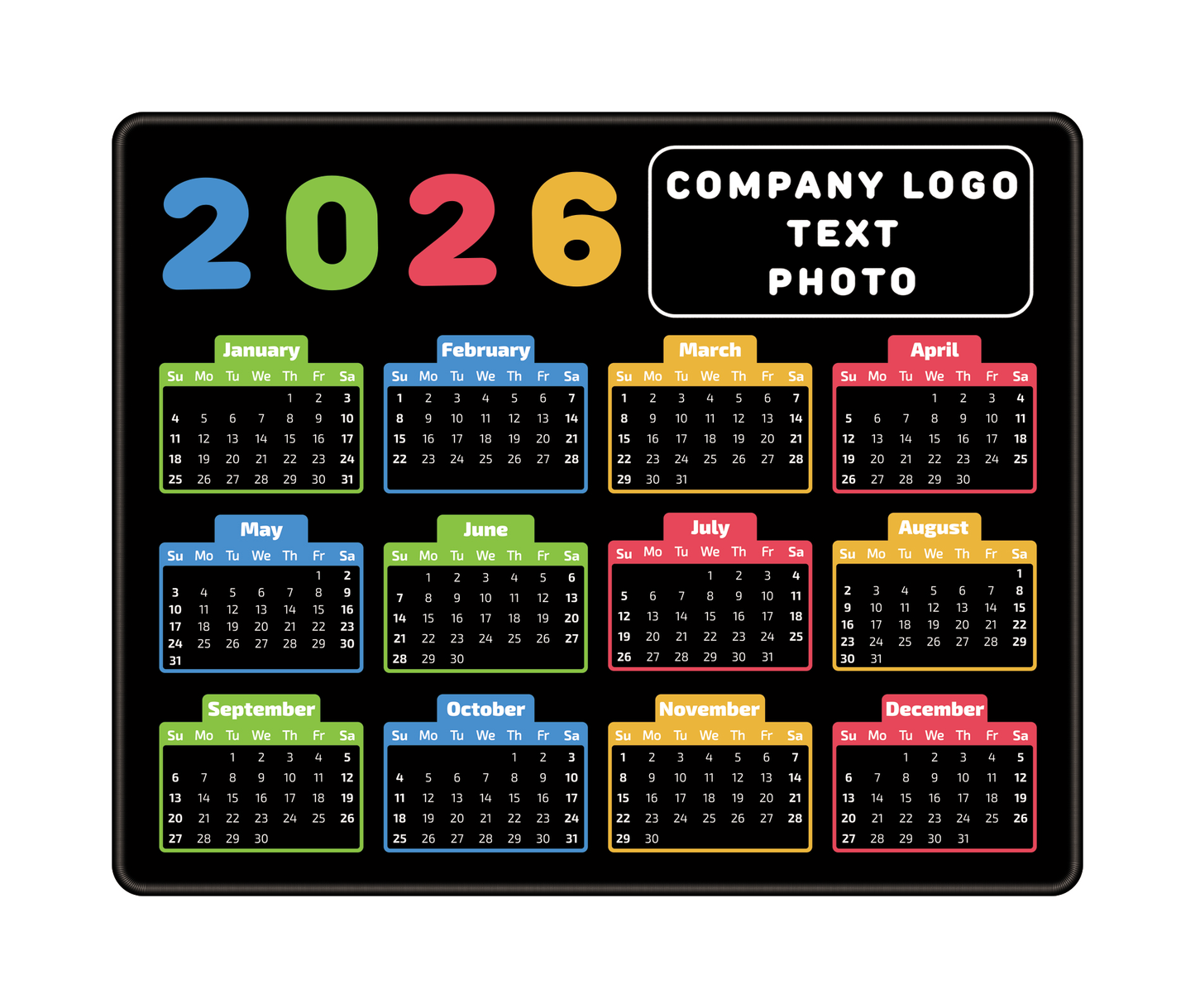 Branded office desk mouse pad with full color logo and 2026 calendar