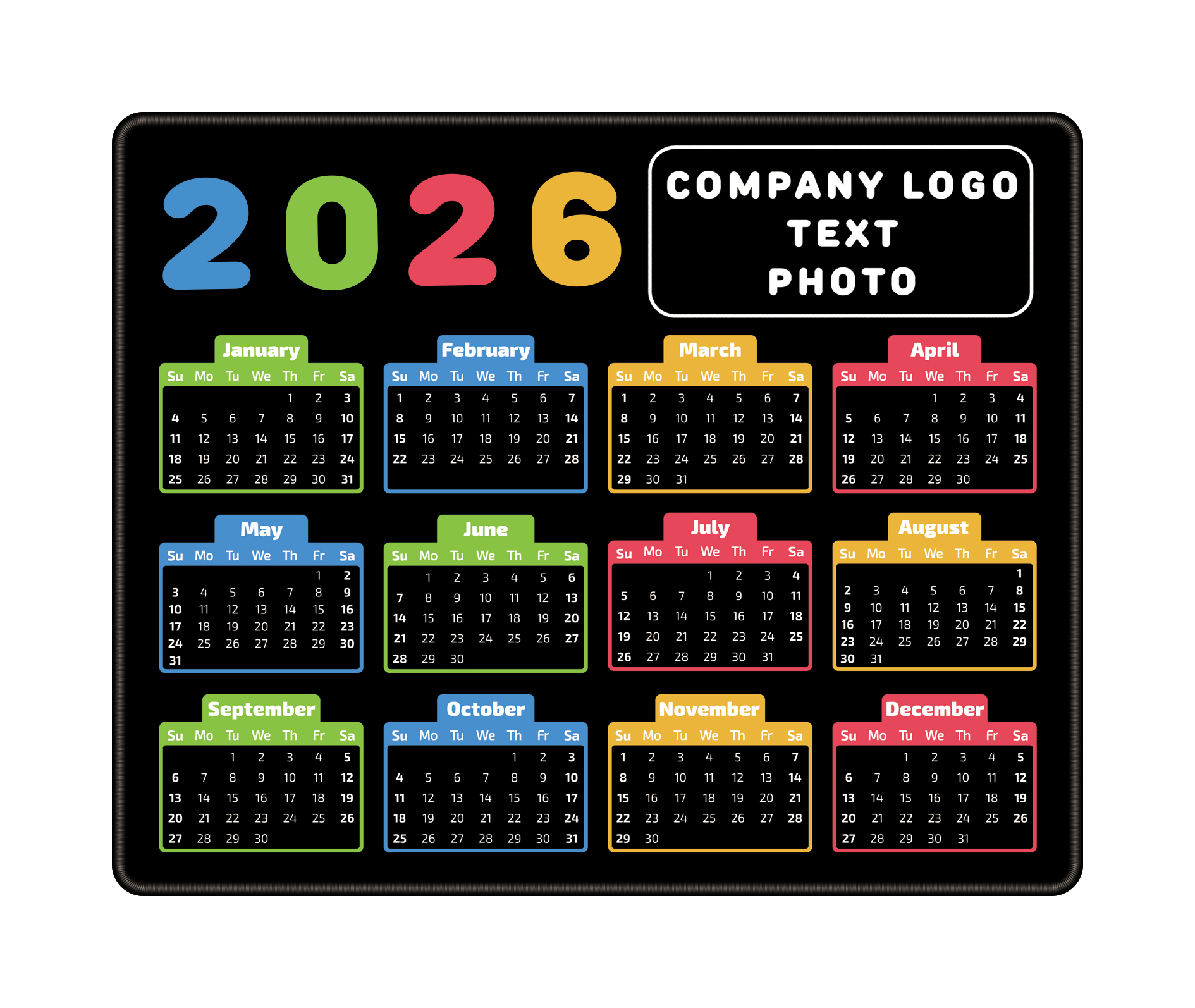 Branded office desk mouse pad with full color logo and 2026 calendar