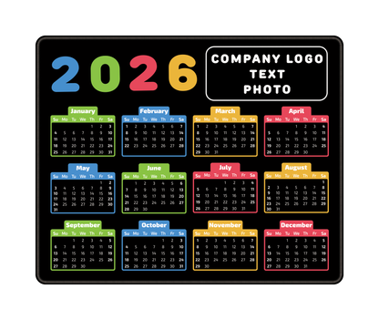 Branded office desk mouse pad with full color logo and 2026 calendar