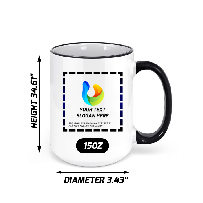 Custom Black Rim Ceramic Mug 15 oz with logo for executive desks, office branding, and corporate gifts