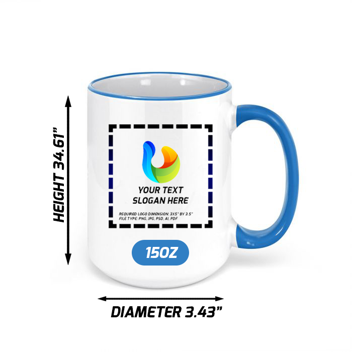 Ceramic Mug with Vibrant Light Blue Colored Rim & Handle - 15 OZ