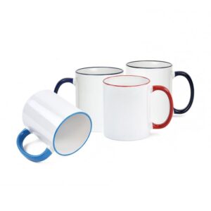 Home 7 White Ceramic 11Oz Coffee Mug With Colored Rim &Amp; Handle For Sublimation